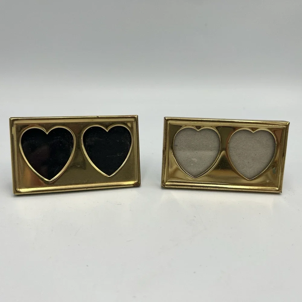 Vintage Solid Brass Double Heart Shaped Mini Picture Frame Lot of 2 Rectangle